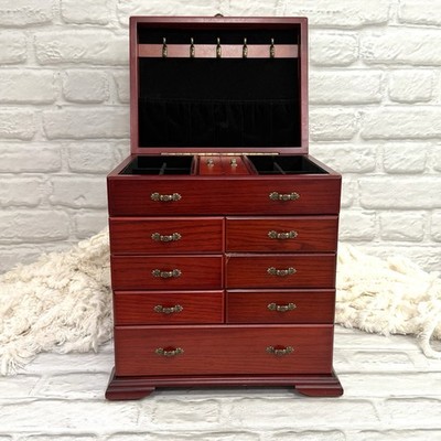 Vtg Thomas Pacconi Large Jewelry Box Chest Solid Wood Cherry Mahogany Finish