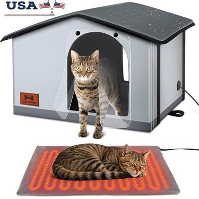 Heated Waterproof Outdoor Cat House W/ Insulation & Double Escape Exits New