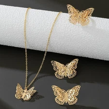 Gold Hollow Butterfly Pendant Necklace Earrings Ring Jewelry Set