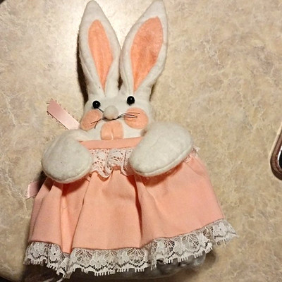 VTG White Plush Rabbit Stuffed Animal w/ Pink Lace Dress, Ribbon & Lace Trim