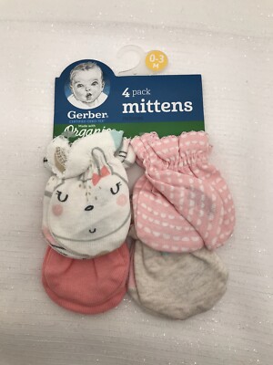 New Gerber 4 Pack Baby Girl Scratch Mittens Gloves 0-3 Months Bunny Hearts Solid
