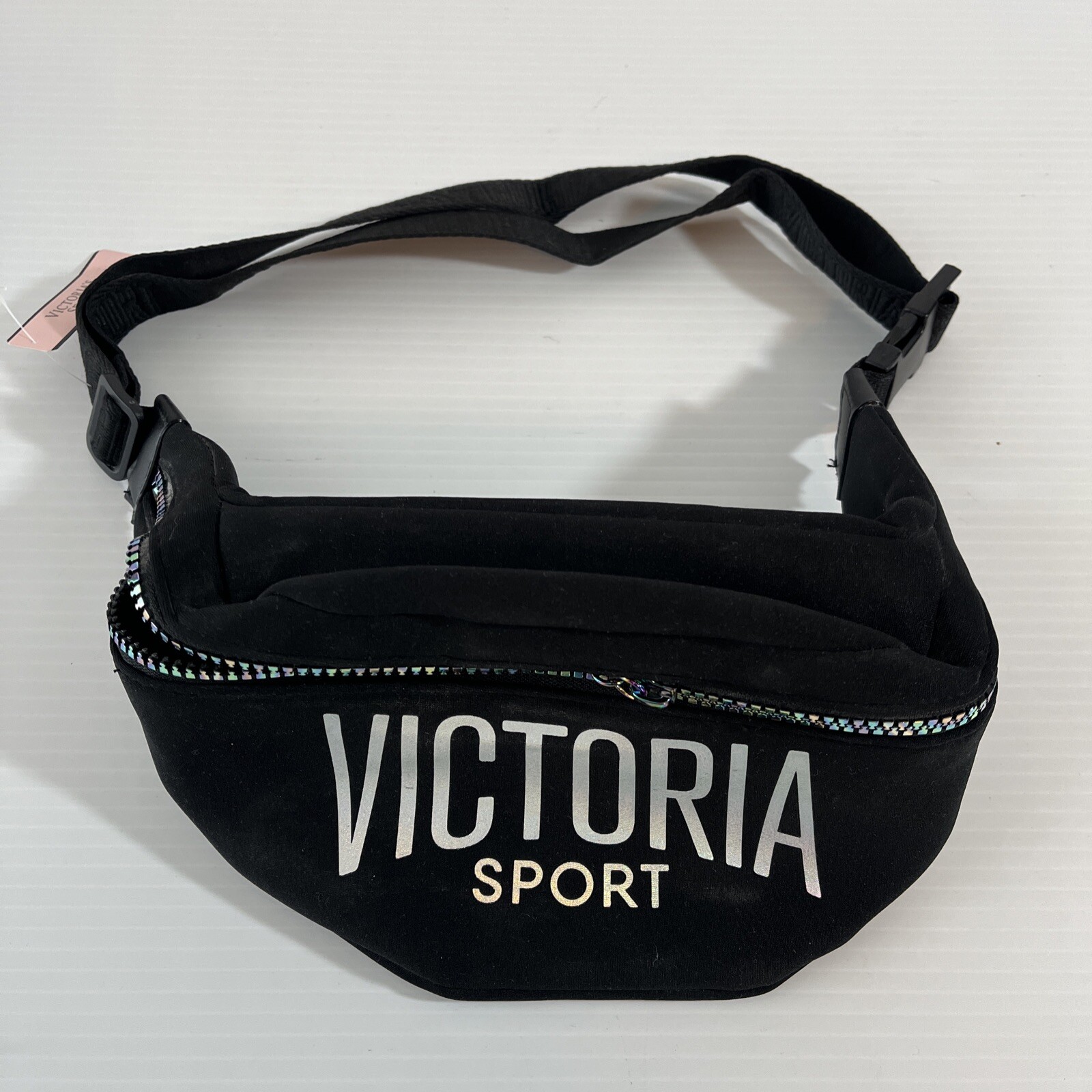 NWT Victoria's Secret Fanny Pack Sport Silver Iridescent Zipper Black Belt Bag