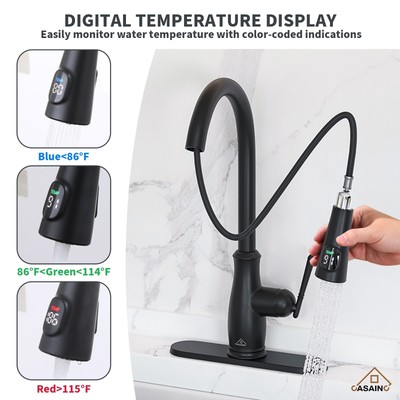 Kitchen Faucet Pull Down Sprayer Digital Display Hot&Cold 360 Spout Swivel