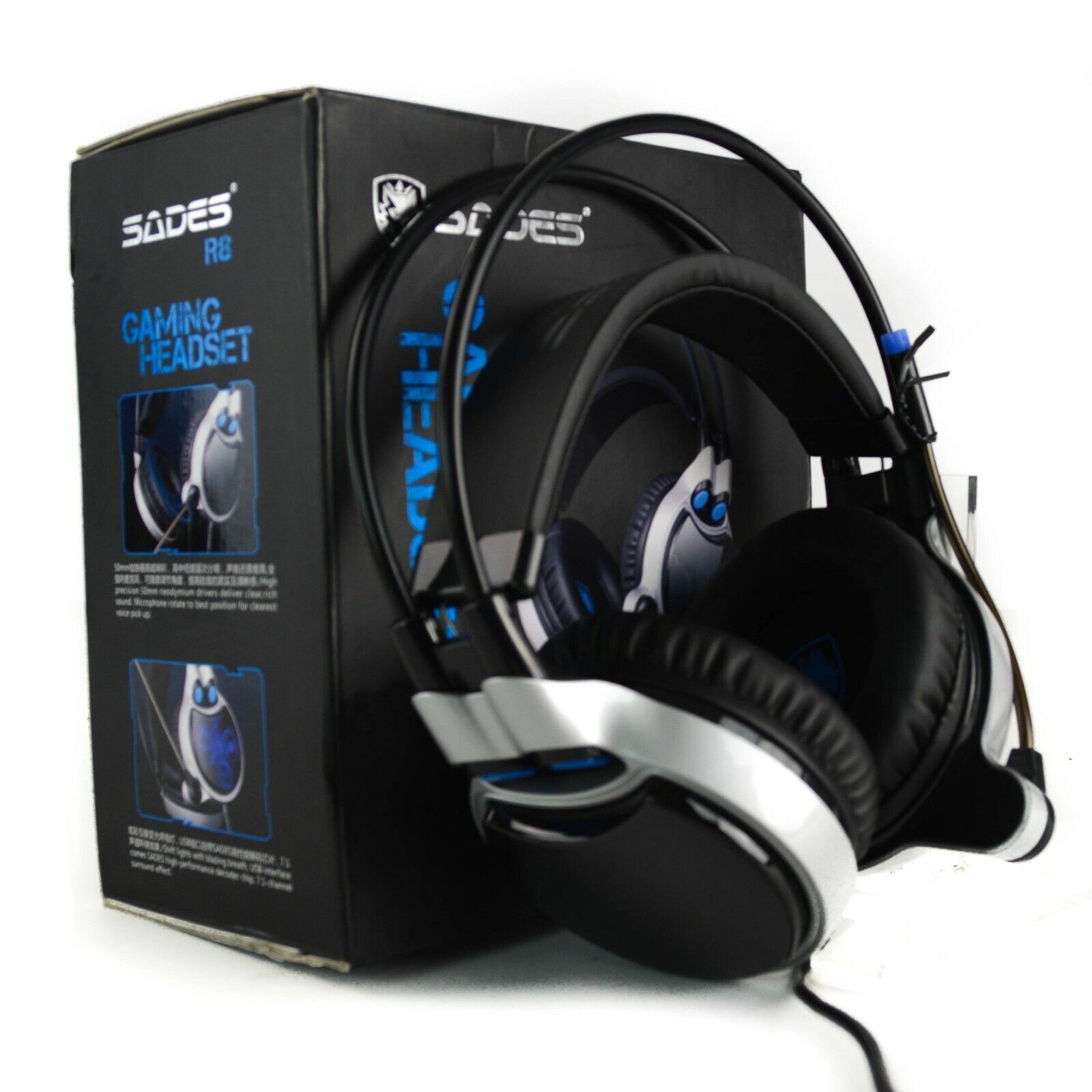 SADES R8  Gaming Headphones 7.1 USB Microphone Led PC Game Console Silver Blue