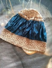 Vintage Boudoir Hat Blue Silk Beige Crochet Nightcap Vintage 1920s Cloche Hat 