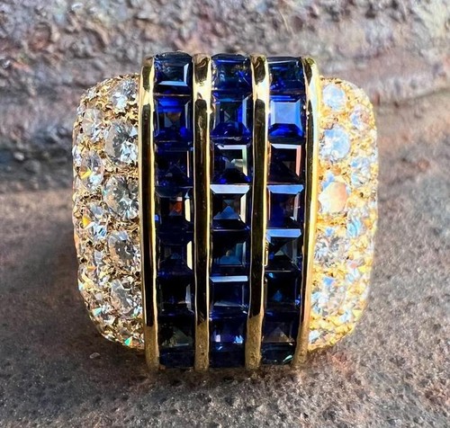 18k Yellow Gold High Quality 6.54ctw Sapphire & Diamond 19.6mm Wide Band Ring - Picture 10 of 10