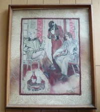 KAREN LERCHE, 1936 FOLK PRIMITIVE ANTIQUE MIXED MEDIA VINTAGE PAINTING Signed