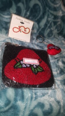 ハンドメイド Red Hat Retro beaded zippered NEW coin purse PLUS pin and Key Ring