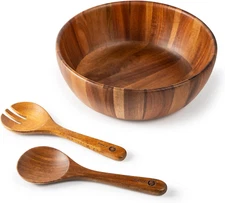 BILL.F Wooden Serving Bowl,12" Acacia Wood Large Salad Bowl Set with Salad Spoon