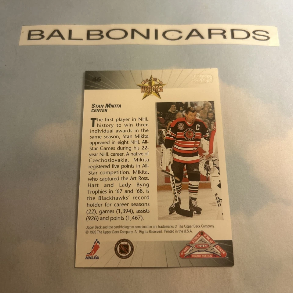 1992-93 Upper Deck All-Star Locker Series Stan Mikita Chicago Blackhawks #46 - Image 2 of 2