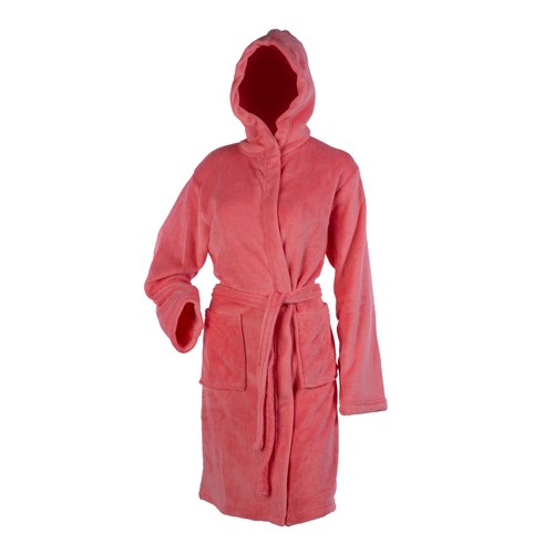 Womens Hooded Wrap Around Dressing Gown Soft Coral Fleece Plain Bathrobe Medium - Picture 9 of 13