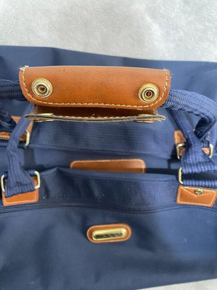 Винтажный JcPenny Jaguar чемодан на роликах багажа сумка синий полиэстер желтовато-коричневый кожаный 26» - Изображение 3 из 4