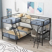 Metal Triple Bunk Bed L-Shaped Twin Over Full Loft Bed Frame with Built-in Desk