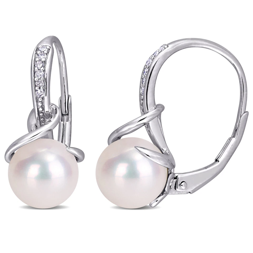 Amour Sterling Silver 8-8.5 mm White Pearl and Diamond Twist Leverback Earrings