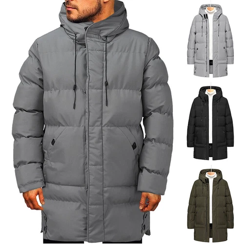Herren langer gefütterter Mantel Kapuze dicke Luftpolsterjacke gesteppt wattiert - Bild 17 von 39