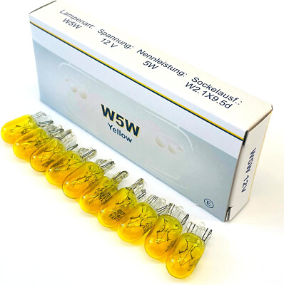 10x Stück GELB/YELLOW W5W T10 12V 5W W2.1x9.5d KFZ Beleuchtung LONGLIFE Glühlamp