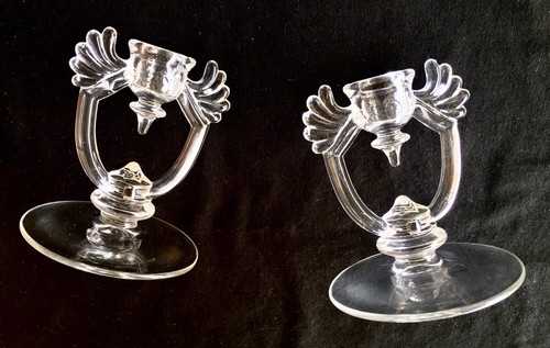Set of 2 New Martinsville Glass Co. Moondrops Candlestick Holders / 5 1/4" Tall - Picture 1 of 4