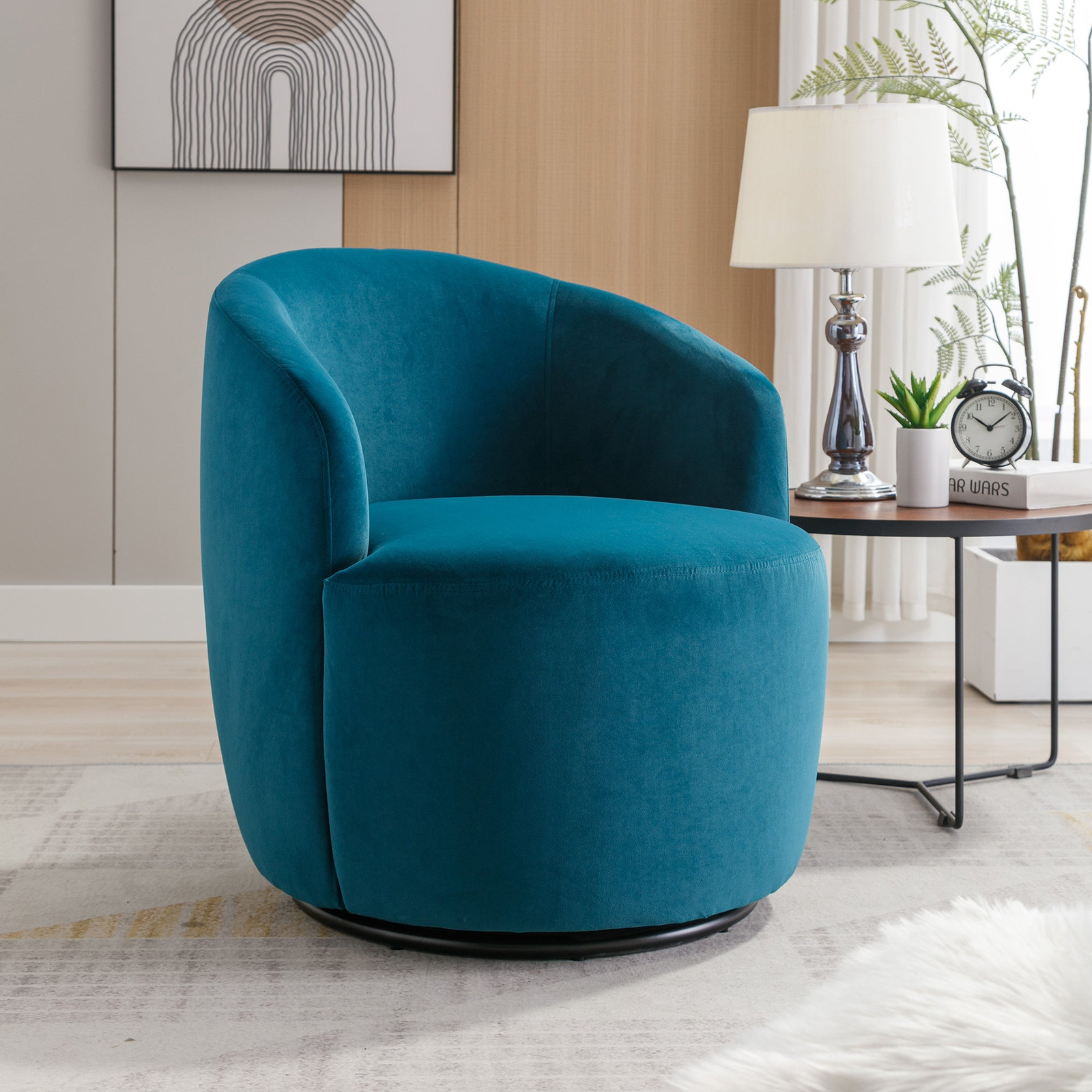 Teal Velvet Swivel Barrel Accent Chair with Black Metal Ring Base  -image