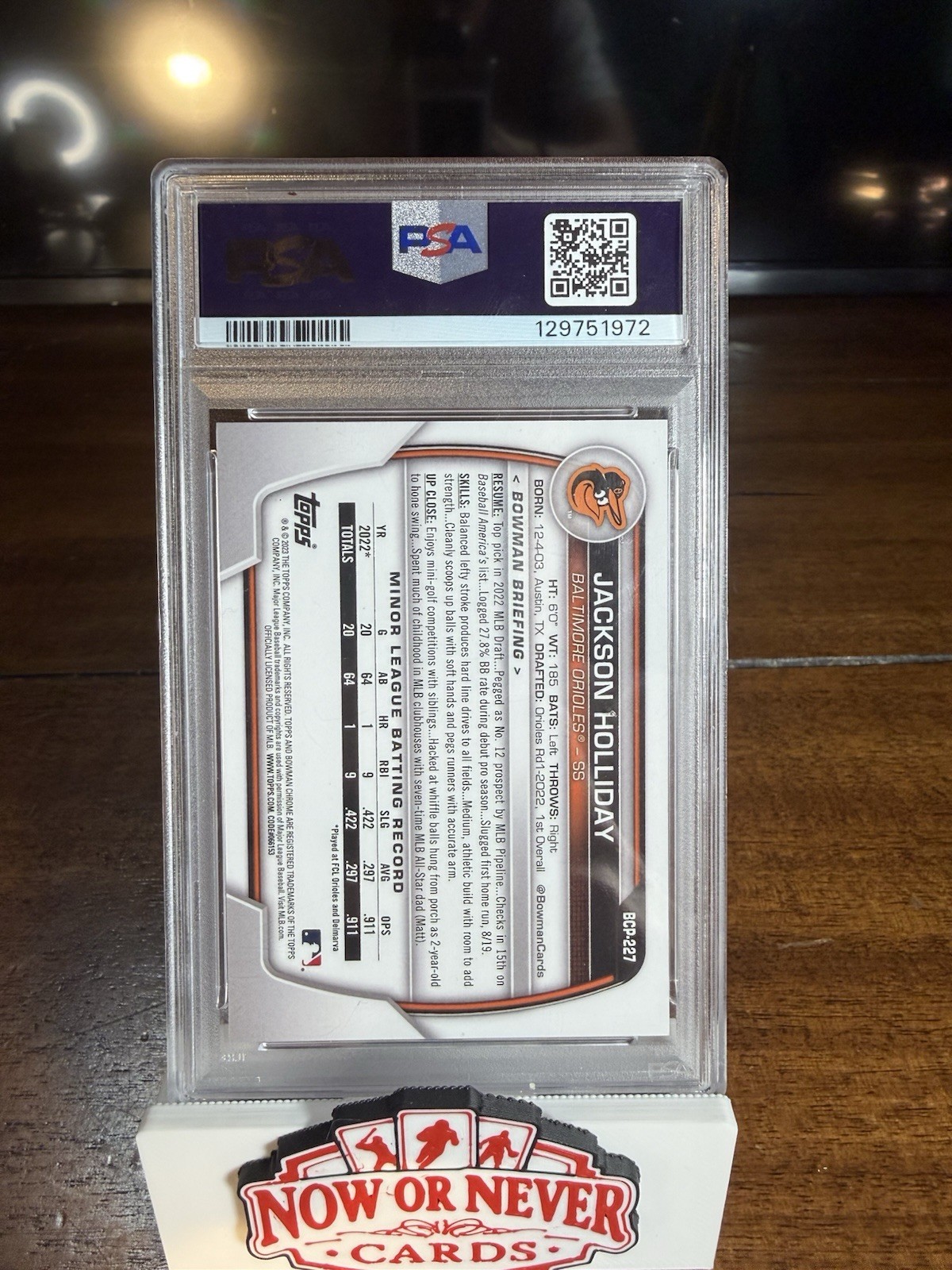 Bowman Chrome Sapphire 2023 Jackson Holliday Orioles Prospects Purple /25 PSA 9 view 2