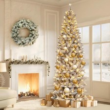 7.5FT Christmas Tree Pre-lit Artificial White Snow Branch Tips w/ String Lights