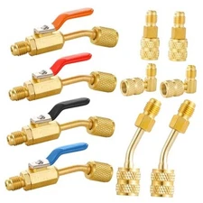 AC Refrigerant Angled Compact Ball Valve Set, 4 Ball Valve + 6PC R410A Adapter