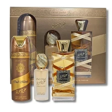 (3pc Gift Set) Oud Mood Elixir by Lattafa 3.4oz EDP + 50ml Hair Mist + 6.8oz Bod