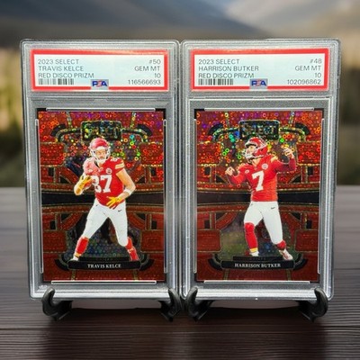 2023 Panini Select Travis Kelce Red Disco Prizm /49 SSP PSA 10 & Harrison Butker