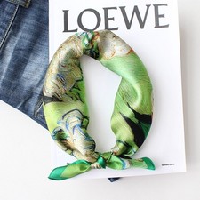 100 Silk Small Scarf Women Neckerchief Wrap Green Flower Oil Painting 53 53cm