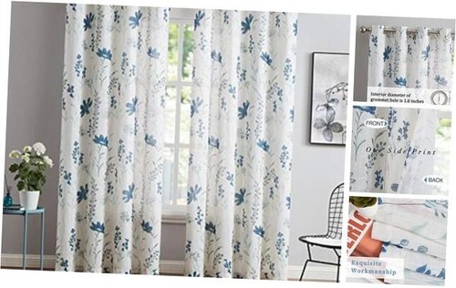 Printed Sheer Curtains Linen Textured for Living Room Floral Leaf Design