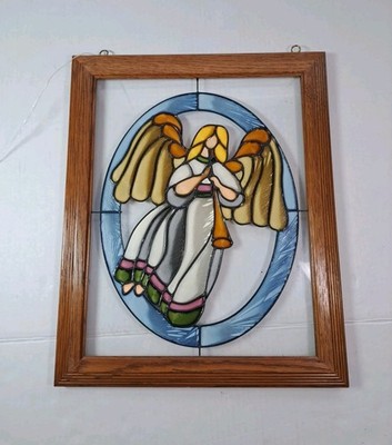 Wooden Framed Stained Glass Panel Of Angel Playing Trumpet