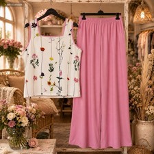 Damen 2-teiler Set L XL Top Hose Blumen Somme...
