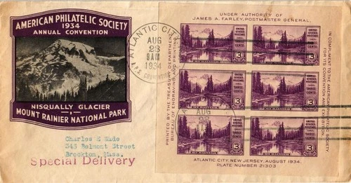 Dr Jim Stamps FDC Scott 750 APS Mount Rainier Souvenir Sheet Monarch back damage