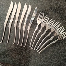 6 Mar-Crest Ebony Elegance Atomic Starburst MCM Japan Stainless Steak Knife Fork