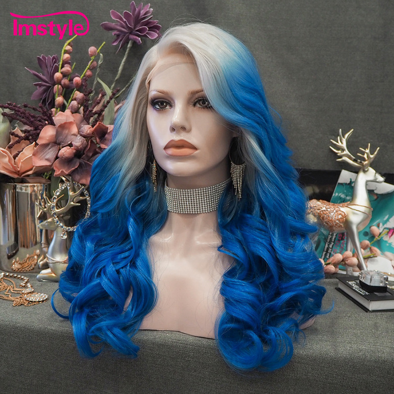 Ombre Blue Wig Fiber Synthetic Lace Front For Women Two Tone  display picture 1