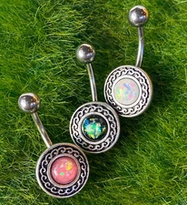 1pc Antique Silver Plated Tribal Shield w/ Opal Glitter Center Belly Navel Ring