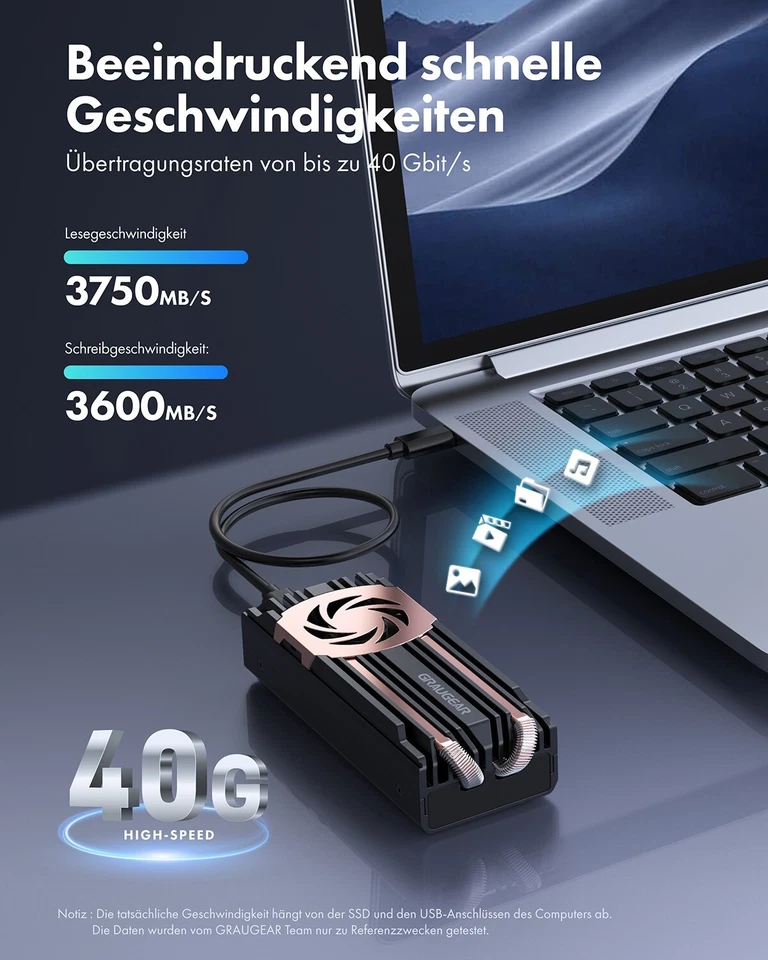 USB 4 Festplattengehäuse für M.2 nvme PCIe 4x SSD Thunderbolt 4 40Gbps Lüfter - Bild 2 von 4