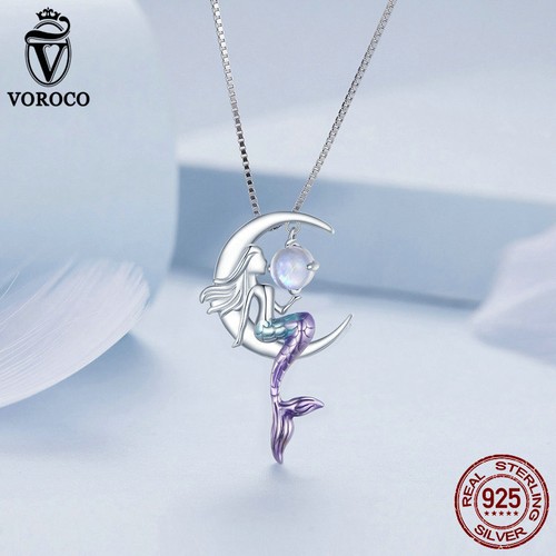 Voroco S925 Sterling Silver Mermaid Moonstone Necklace Women Fashionable Jewelry - Picture 7 of 16