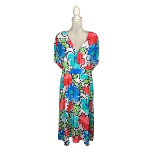 Maggy London Blumen Midikleid V-Ausschnitt elastische Taille leicht Cruise Resort 16