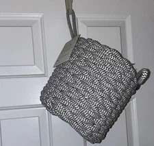 Project 62 Accent Gray Coiled Rope Fishtail Weave Basket W/Faux Leather Snap 8x9