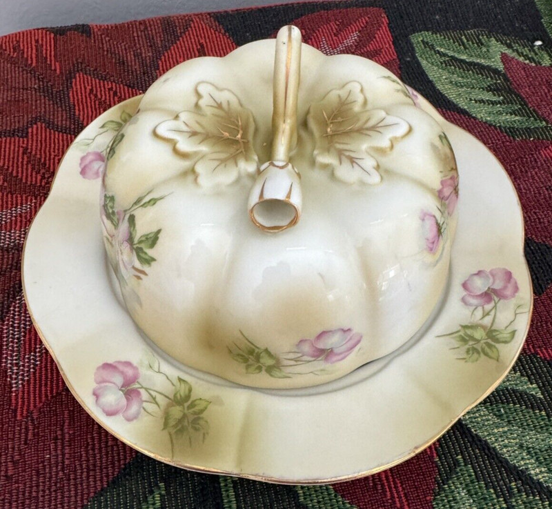 Vintage Hand Painted Floral Ceramic Covered Nippon Butter Dish Exquisite Detail