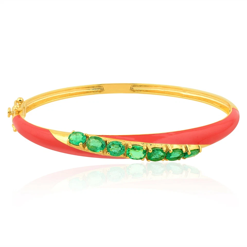 Zambian Emerald Red Enamel 18k Yellow Solid Gold Bangle Bracelet Gift 2.27 Ct — 第 2/4 张图片