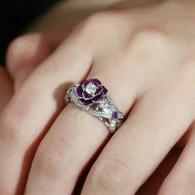 Art Deco 2 CT White Round Cut CZ & Purple Enamel Wedding Solid 925 Silver Ring