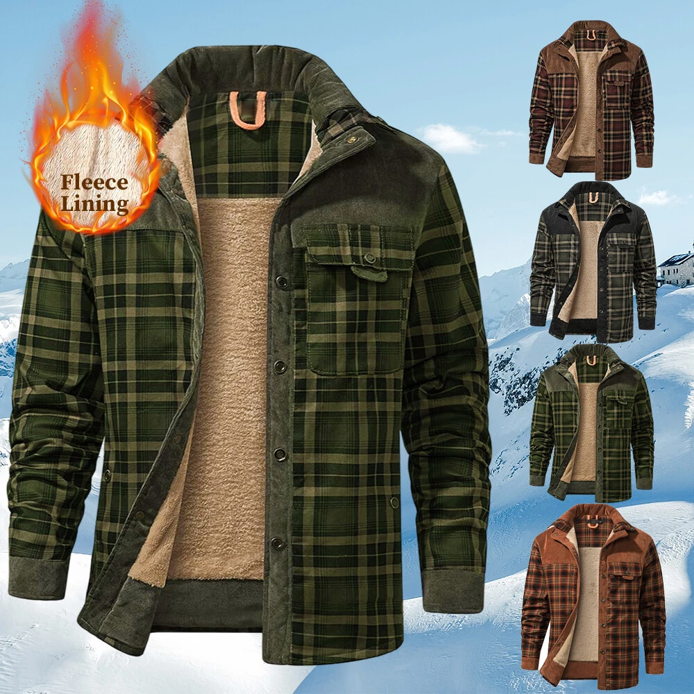 Mens Winter Fleece Cardigan Jacket Tartan Plaid Check Warm Lined Shirts Coat  Top | eBay