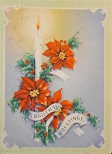 Christmas Card Vintage Embossed Poinsettia Candle Holly Fairweather Quote 5x4