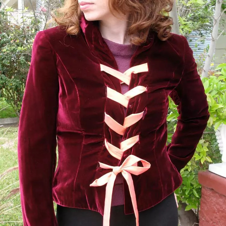 Rena Lange Silk Rayon Blend Velvet Corset Front Jacket Glowing Bordeaux Red M 8