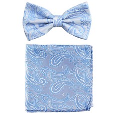 New formal Men's micro fiber pretied bow tie  hankie set paisley light blue
