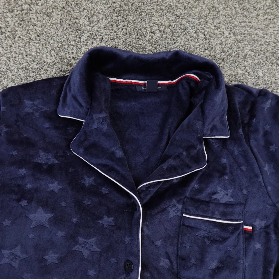 Tommy Hilfiger Pajama Set Womens S Blue Velvet Button Up Shirt Drawstring Pants - Image 4 of 4