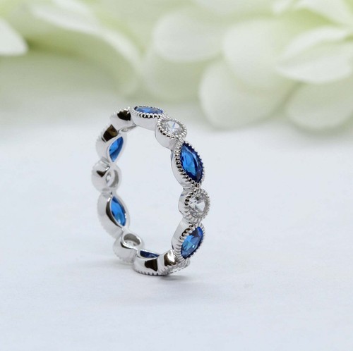 Natural Blue Sapphire Wedding Band Ring Full Eternity 925 Sterling Silver - Picture 1 of 6