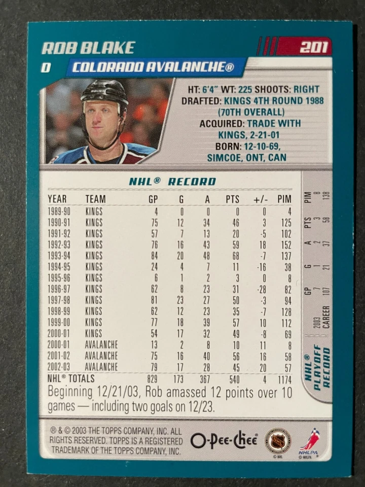 Rob BLAKE 2003-04 O-Pee-Chee Hockey #201 Colorado Avalanche - Image 2 of 2