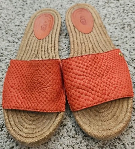 UGG SANDALS SLIDES SHOES WOMEN SZ 7 SUNNY ORANGE LEATHER LIZARD LOOK SISAL FLATS